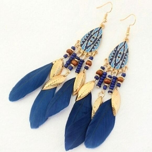 Blue Boho Feather Earrings - Picture 1 of 1